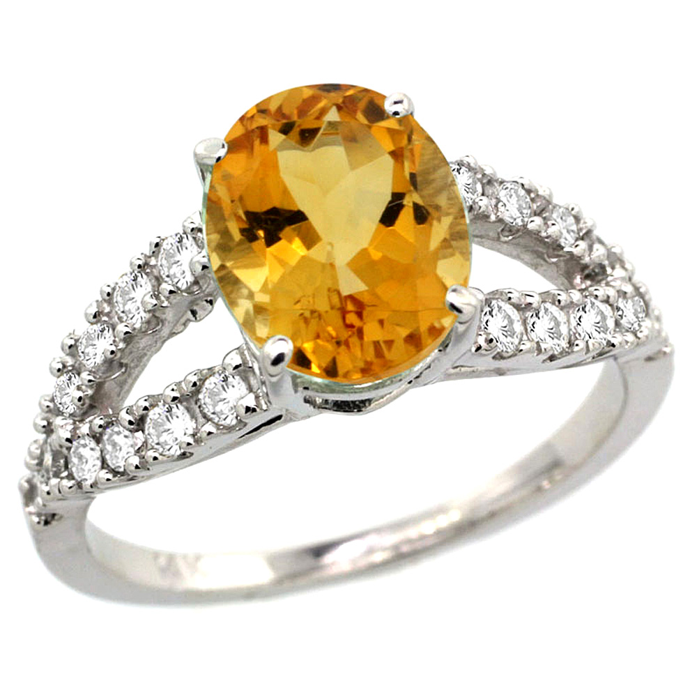 14k White Gold Natural Citrine Ring Oval 10x8mm Diamond Accent, 3/8inch wide, sizes 5 - 10