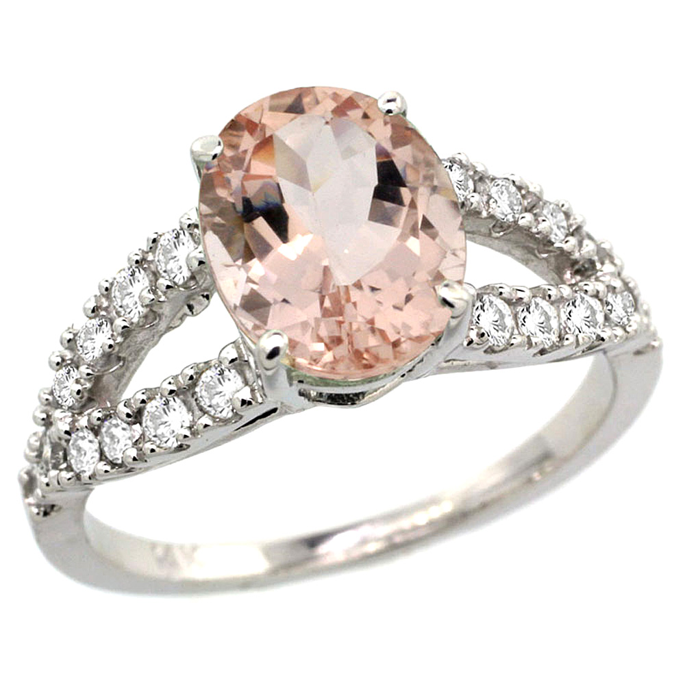 14k White Gold Natural Morganite Ring Oval 10x8mm Diamond Accent, 3/8inch wide, sizes 5 - 10