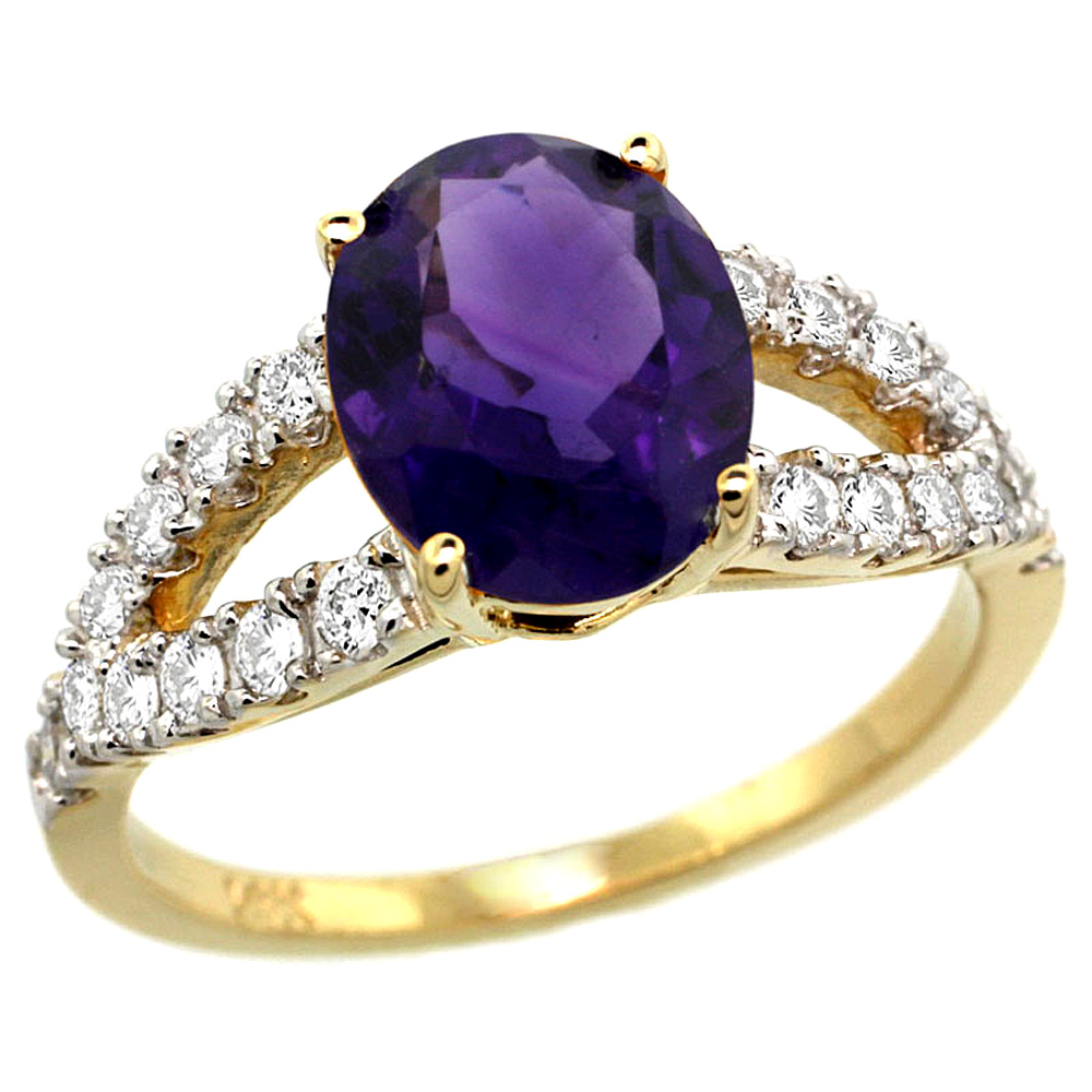 14k Yellow Gold Natural Amethyst Ring Oval 10x8mm Diamond Accent, 3/8inch wide, sizes 5 - 10