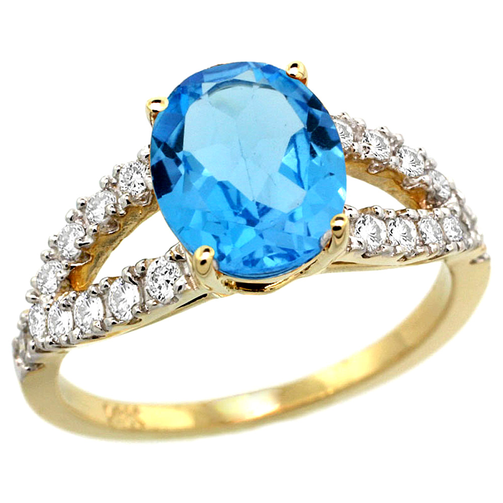 14k Yellow Gold Natural Swiss Blue Topaz Ring Oval 10x8mm Diamond Accent, 3/8inch wide, sizes 5 - 10