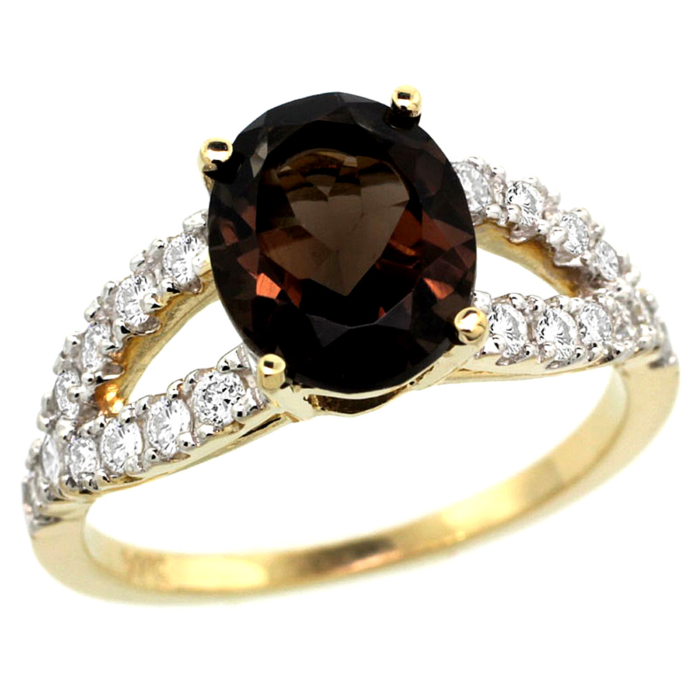 14k Yellow Gold Natural Smoky Topaz Ring Oval 10x8mm Diamond Accent, 3/8inch wide, sizes 5 - 10