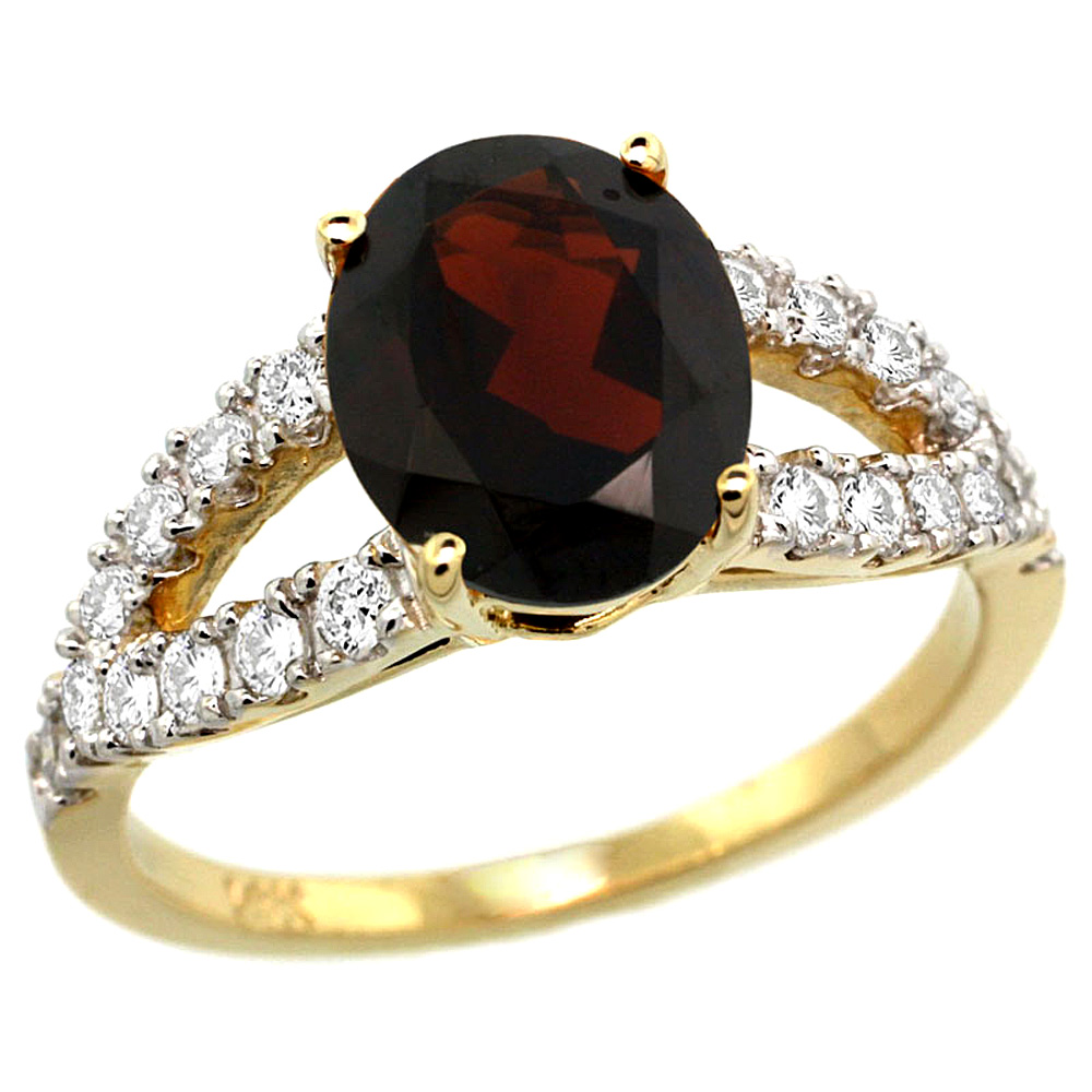 14k Yellow Gold Natural Garnet Ring Oval 10x8mm Diamond Accent, 3/8inch wide, sizes 5 - 10