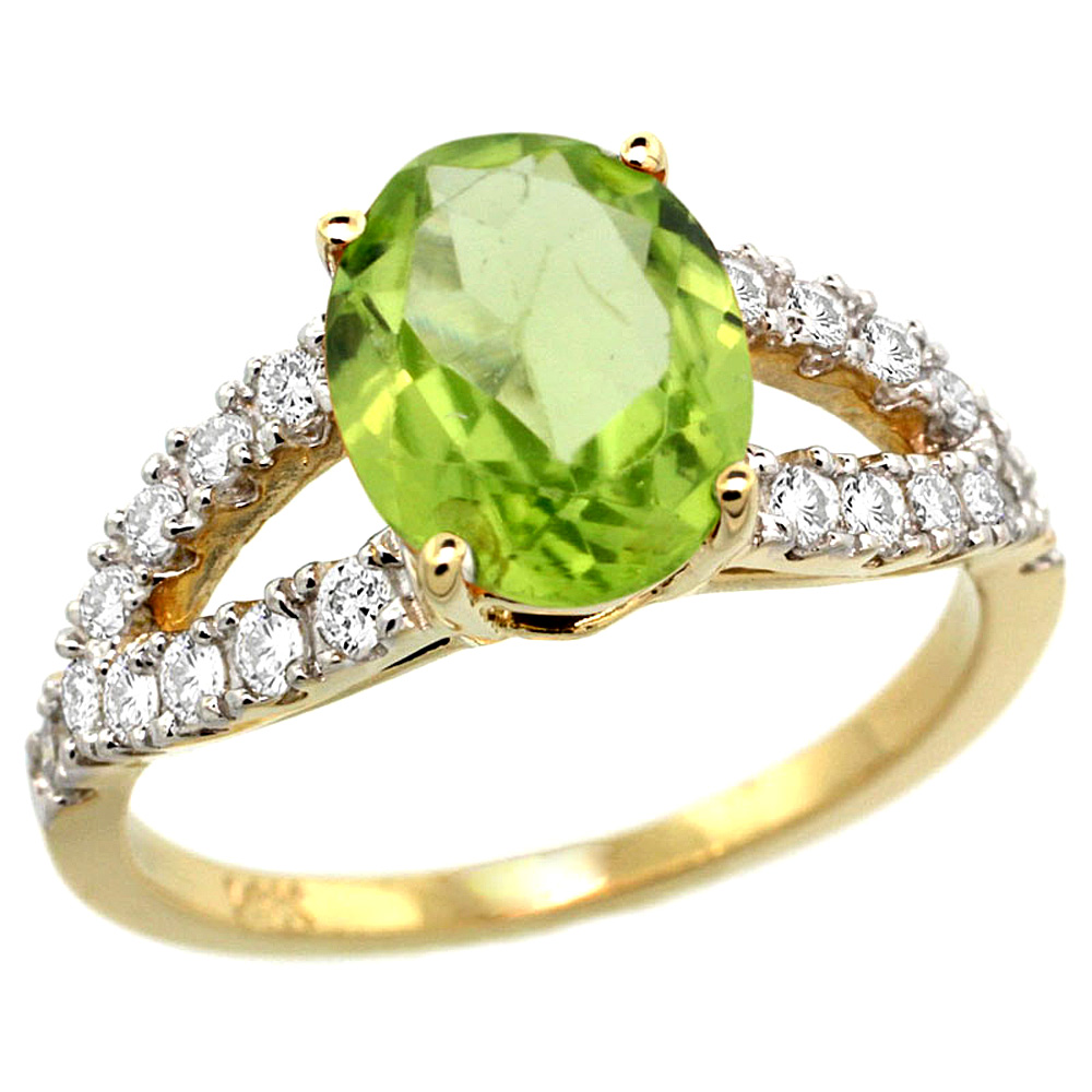 14k Yellow Gold Natural Peridot Ring Oval 10x8mm Diamond Accent, 3/8inch wide, sizes 5 - 10