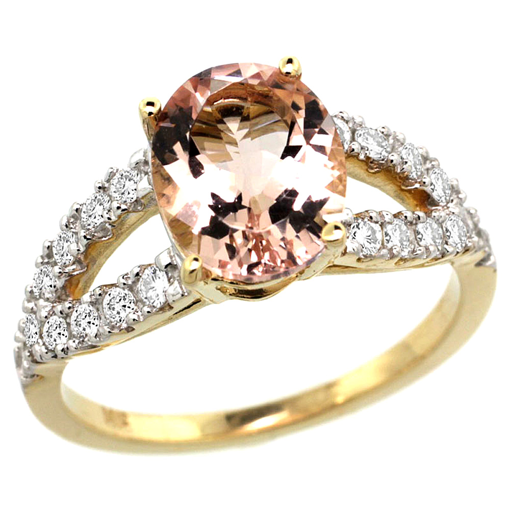 14k Yellow Gold Natural Morganite Ring Oval 10x8mm Diamond Accent, 3/8inch wide, sizes 5 - 10