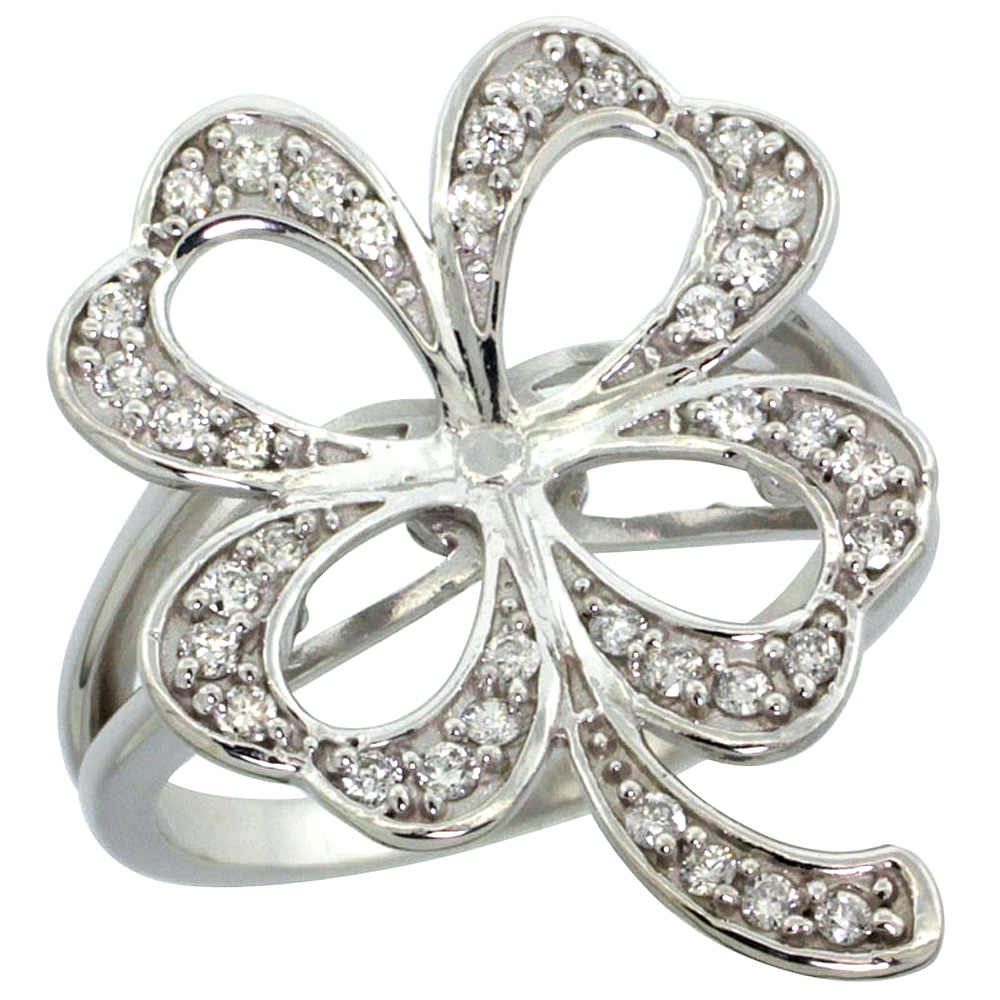 14k White Gold Clover Flower Shamrock Diamond Ring w/ 0.36 Carat Brilliant Cut ( H-I Color; SI1 Clarity ) Diamonds, 15/16 in. (24mm) wide