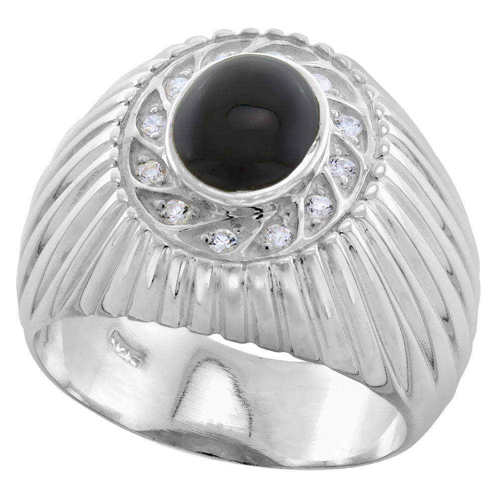 Sterling Silver Mens Black Onyx Ring Oval CZ Accent 3/4 inch wide sizes 8 - 13
