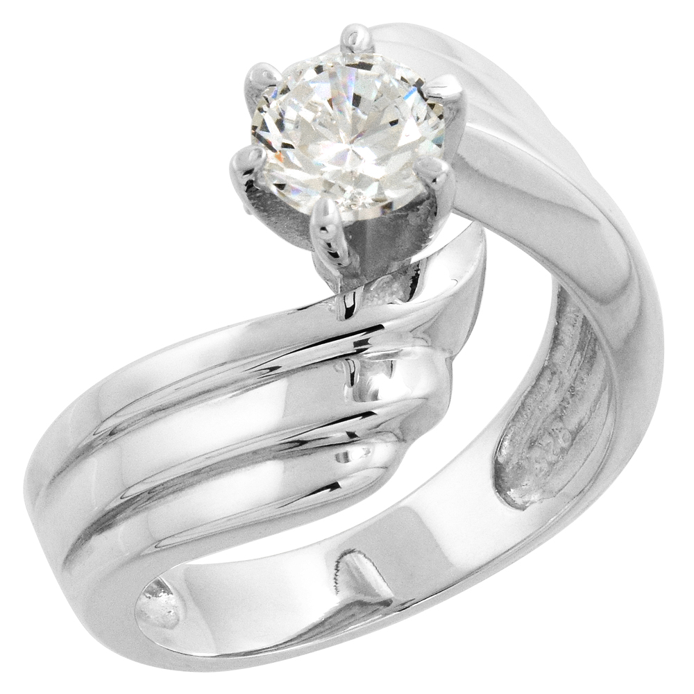 Sterling Silver 6mm Solitaire CZ Bypass Ring Women 1 ct Center Flawless finish 3/4 inch wide sizes 6-10