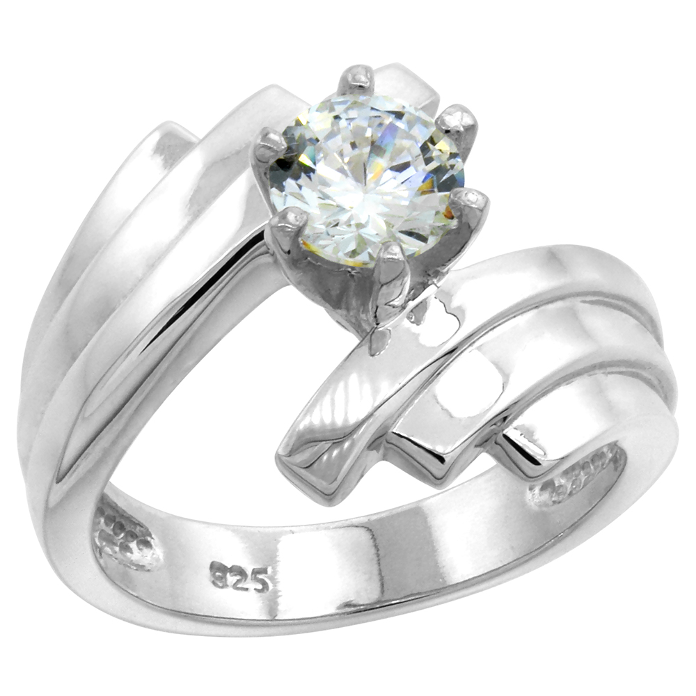 Sterling Silver 6mm Solitaire CZ Bypass Ring Women Rounded edges 5/8 inch wide sizes 6-10