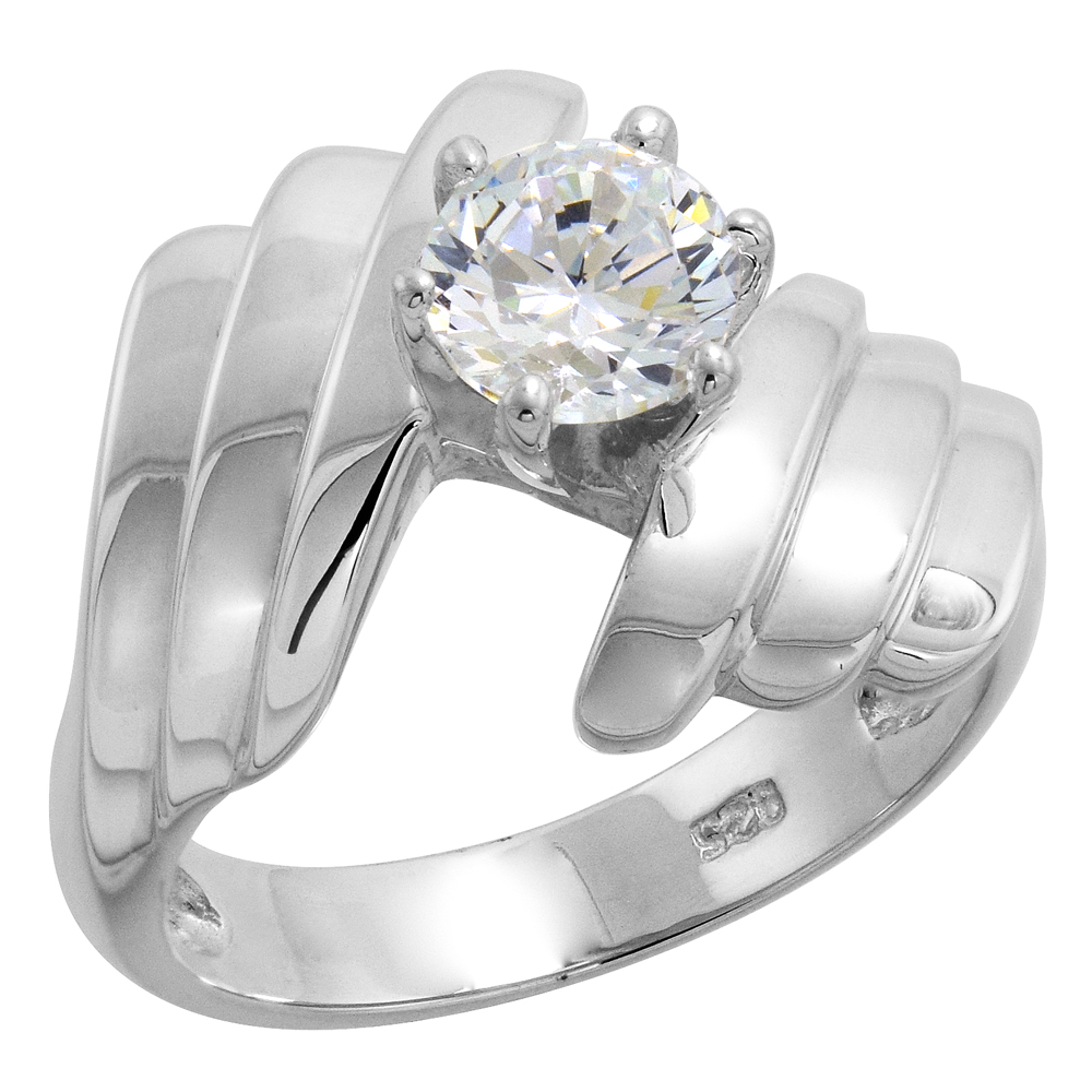 Sterling Silver 6mm Solitaire CZ Bypass Ring for Women Flawless finish 3/4 inch wide sizes 6-10