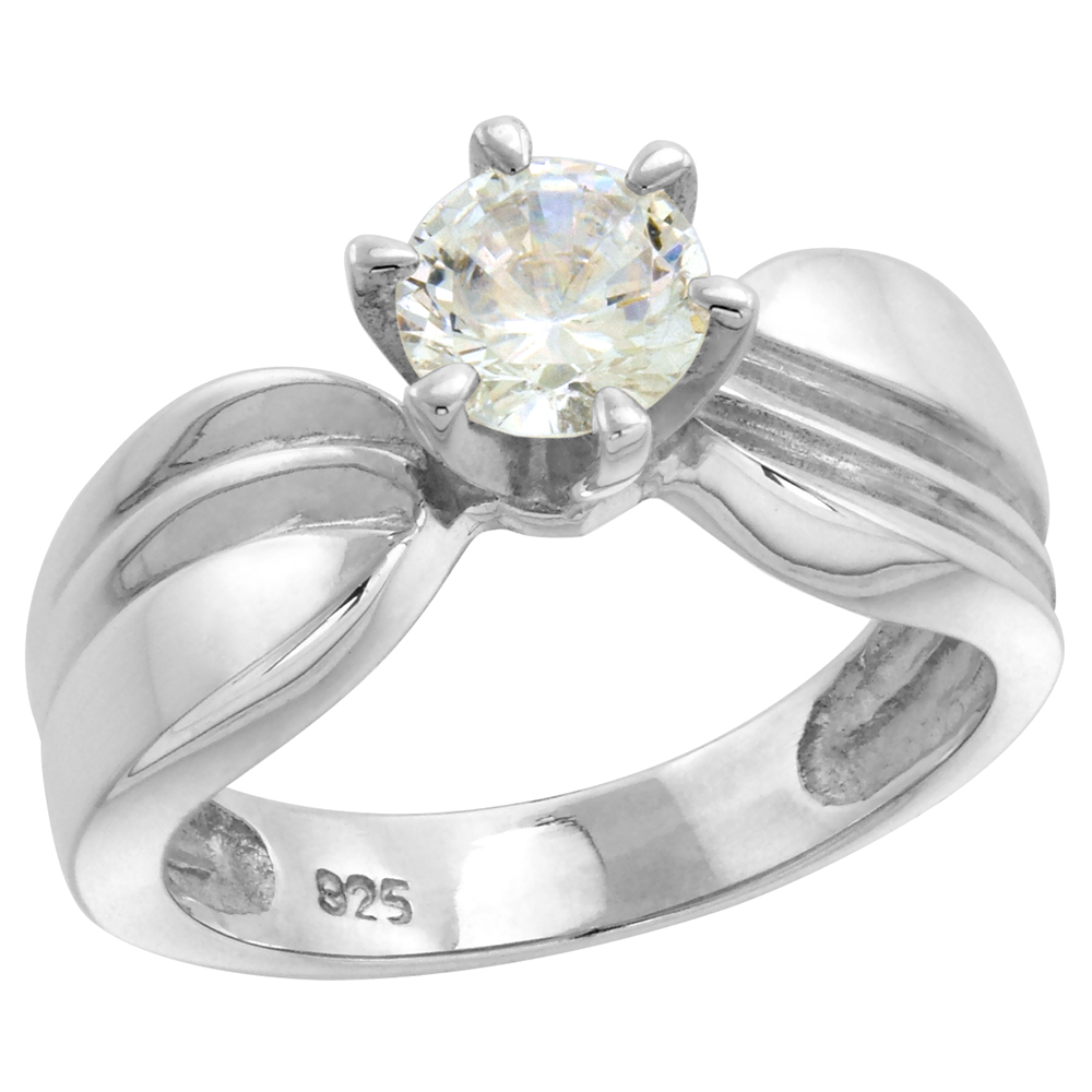 Sterling Silver 6mm Solitaire CZ Ring Women 2 Grooves 1 ct Center Flawless finish 5/16 inch sizes 6-10