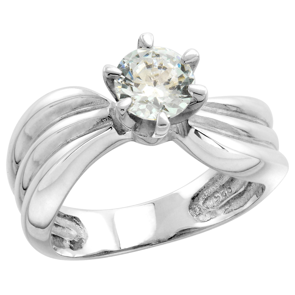 Sterling Silver 6mm Solitaire CZ Ring Women 3 Grooves 1 ct Center Flawless finish 5/16 inch sizes 6-10