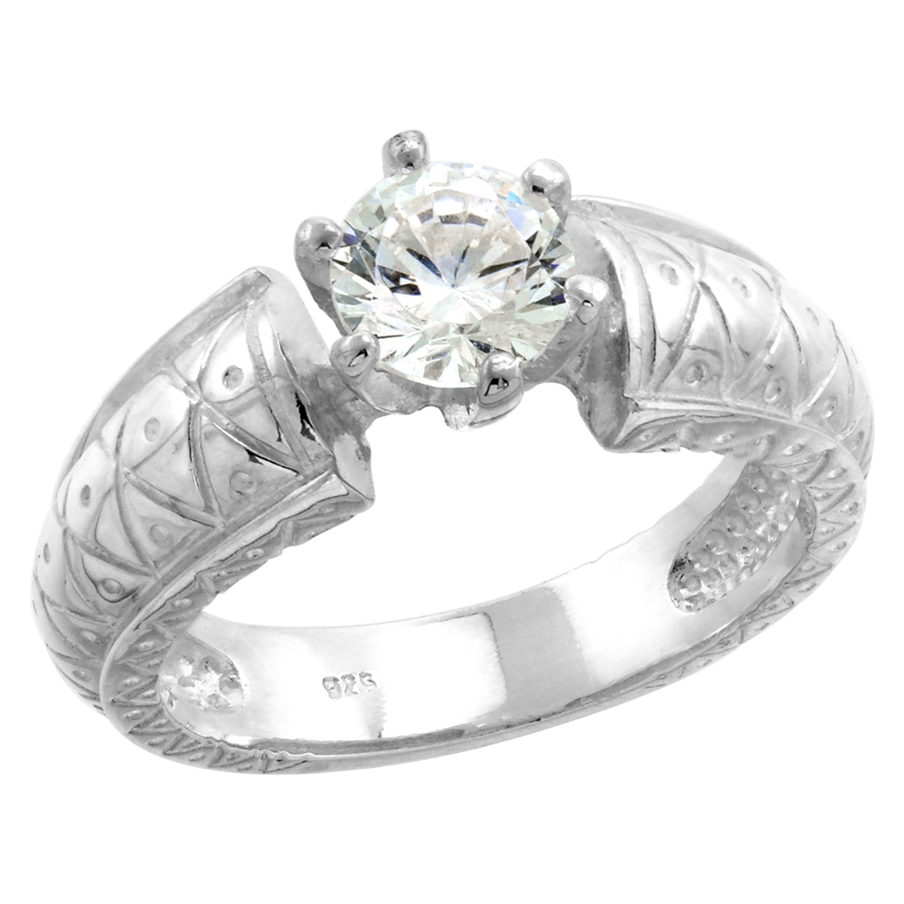 Sterling Silver 6mm Solitaire CZ Ring Women Vintage Tapered 1 ct Center 5/16 inch sizes 6-10