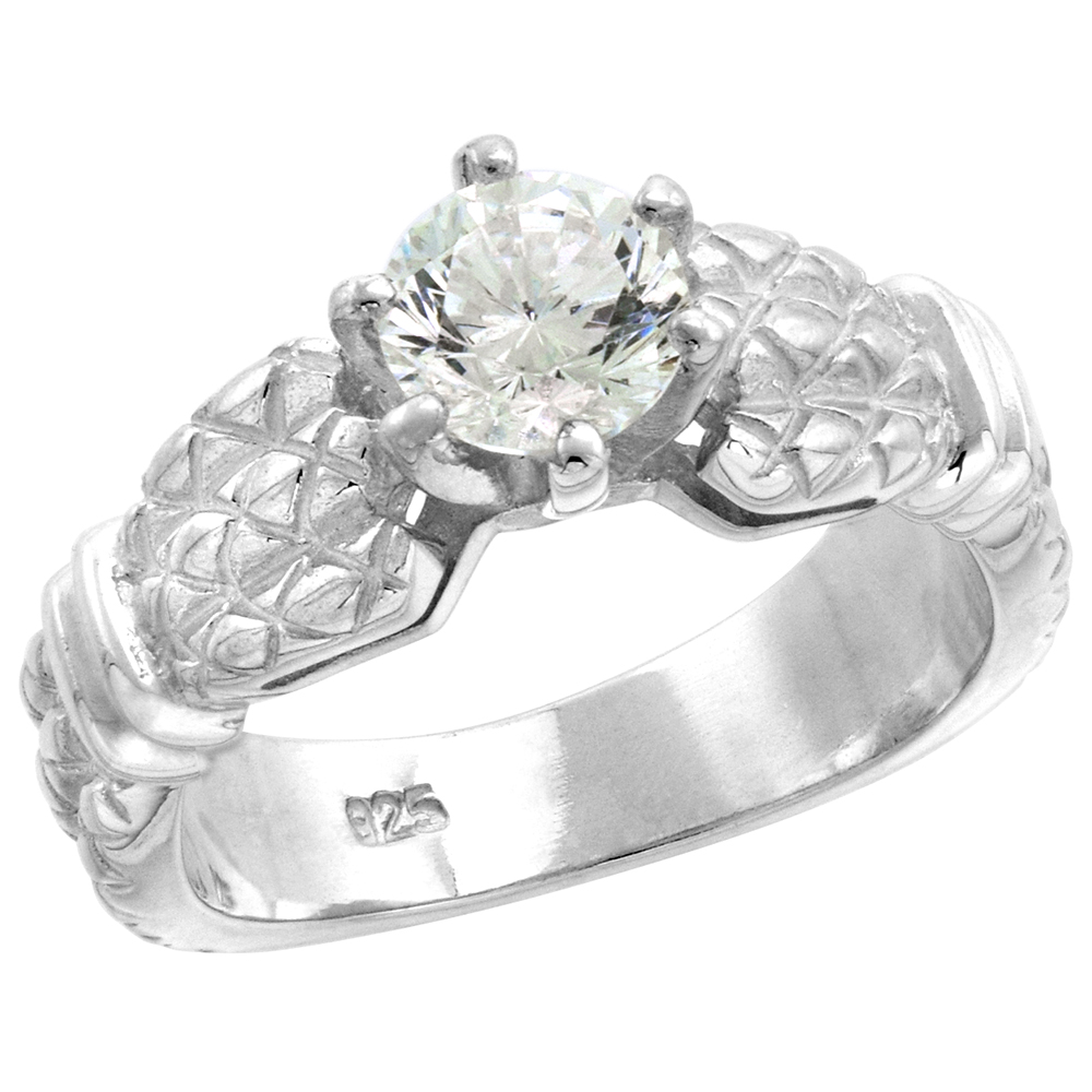 Sterling Silver 6mm Solitaire CZ Ring Women Vintage Ribbed Shank 1 ct Center 5/16 inch sizes 6-10