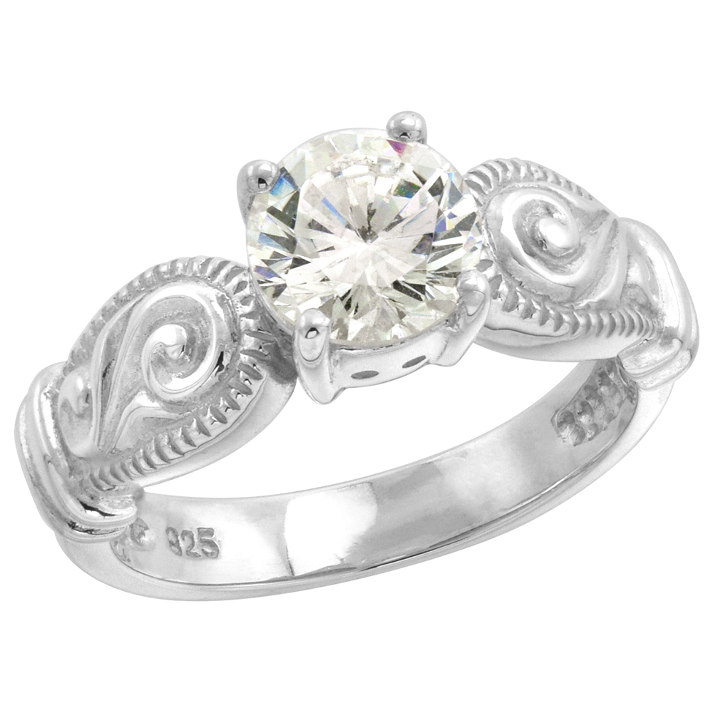 Sterling Silver Solitaire 7mm CZ Ring Women Vintage Scroll Shank 1.25 ct Center sizes 6-10