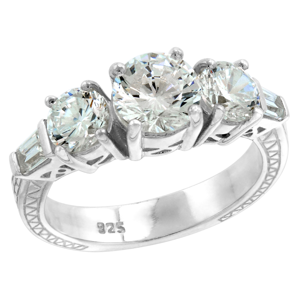 Sterling Silver 5-stone CZ Ring Women 1 ct Center Tapered Baguettes Sides Vintage Style sizes 6-10
