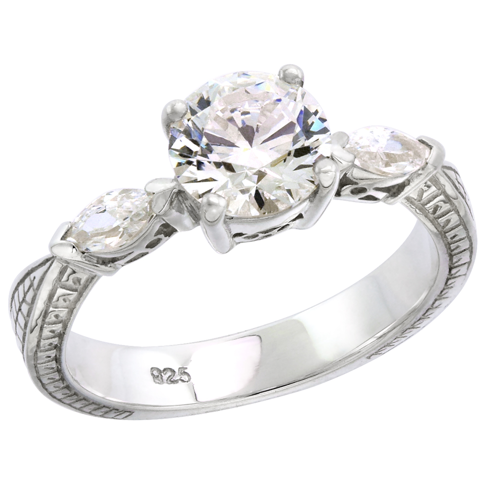 Sterling Silver 3-stone CZ Ring Women 1 ct Center Marquise cut Sides Vintage Style sizes 6-10