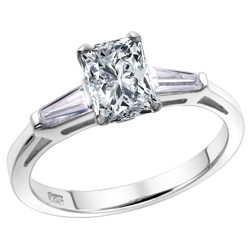Sterling Silver CZ Tapered Baguette 3-Stone Radiant cut Engagement Ring for Women 1 ct sizes 6-10