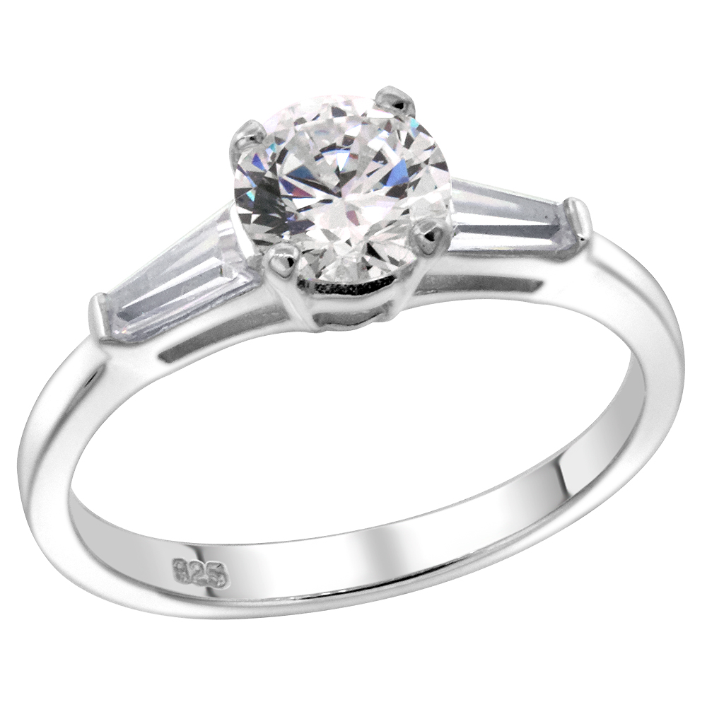 Sterling Silver CZ Tapered Baguette 3-Stone 6mm Brilliant cut Engagement Ring Women 1 ct sizes 6-10