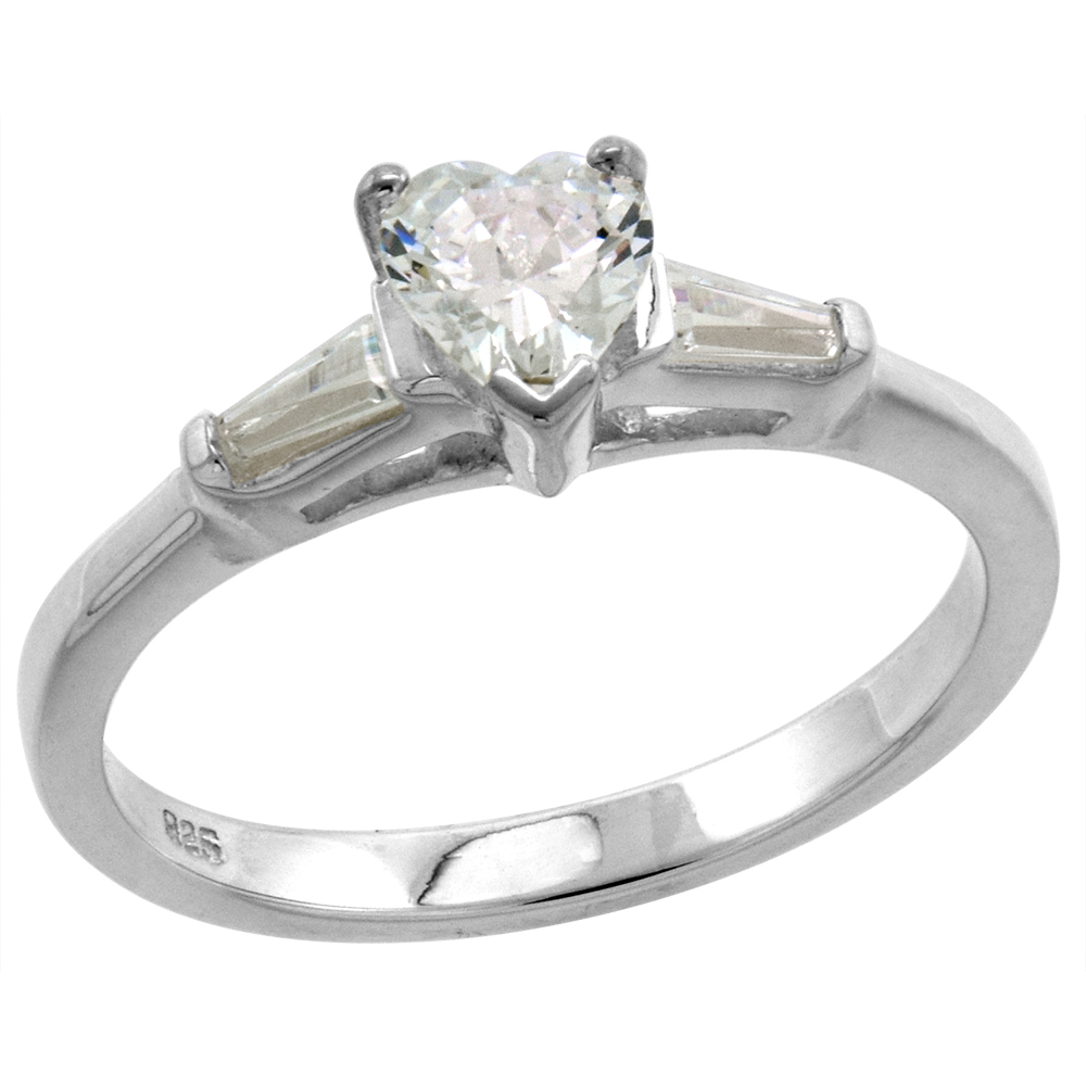 Sterling Silver CZ Tapered Baguette 3-Stone 5mm Heart cut Engagement Ring for Women 1/2 ct sizes 6-10