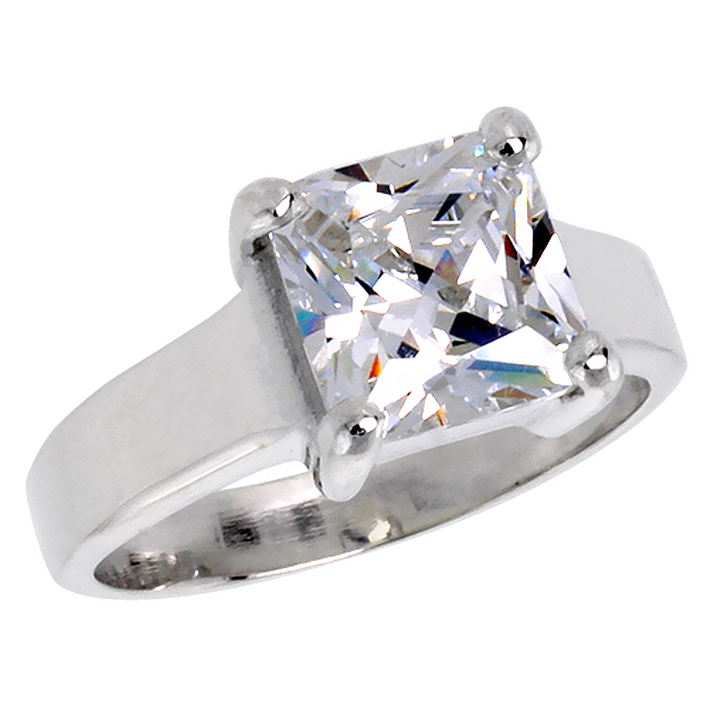 Sterling Silver CZ 8mm Princess Cut Solitaire Engagement Ring for Women Flat Shank 3 ct sizes 6-10