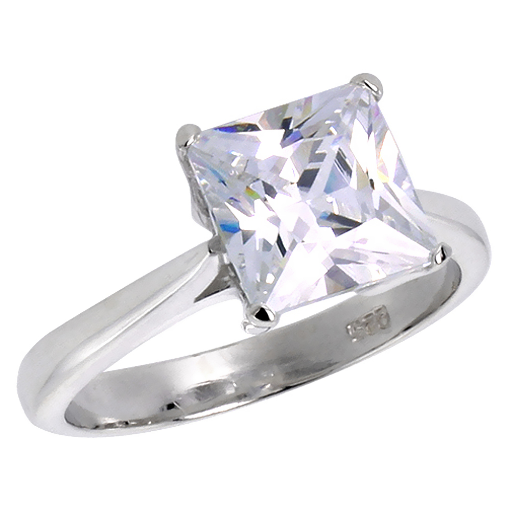 Sterling Silver CZ 8mm Princess Cut Solitaire Engagement Ring for Women Tapered Shank 3 ct sizes 6-10