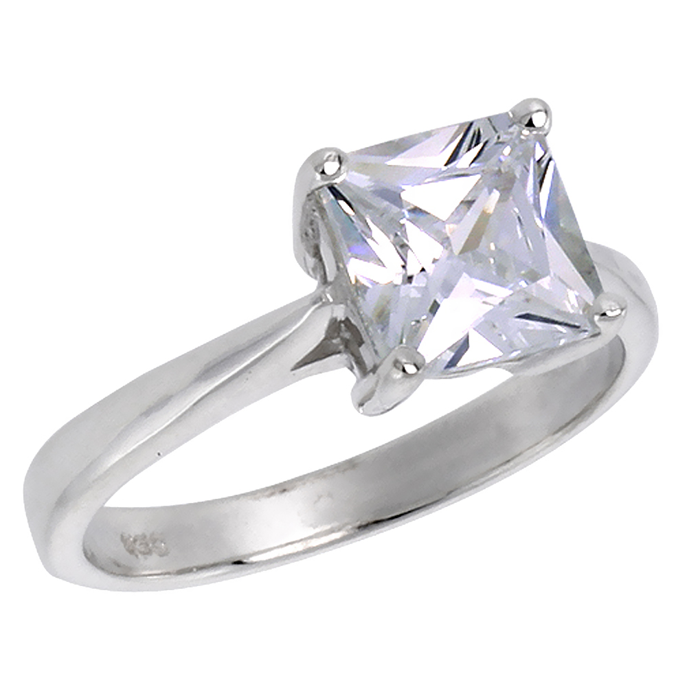 Sterling Silver CZ 7mm Princess Cut Solitaire Engagement Ring for Women Tapered Shank 2 ct sizes 6-10