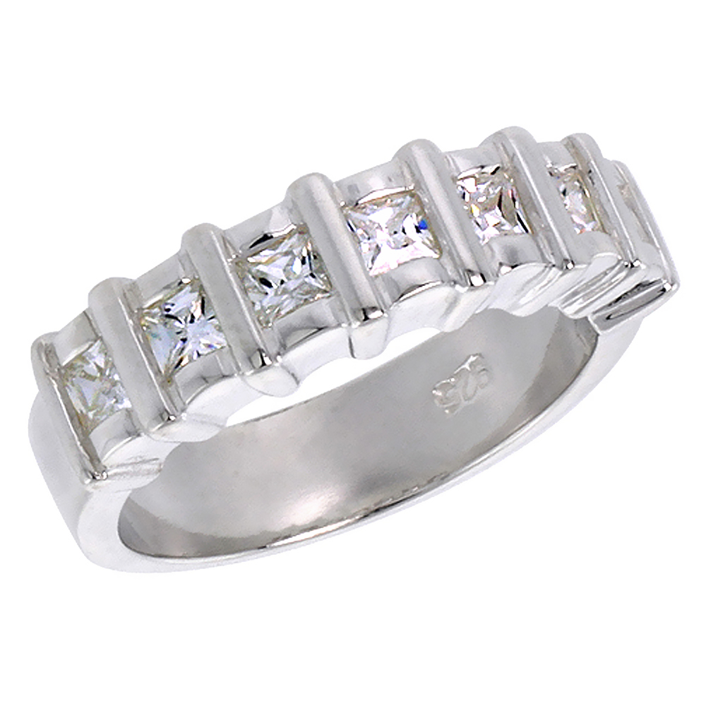 Sterling Silver CZ 6mm Princess Cut 7-stone Engagement Ring Women 1/4 inch wide sizes 6-10