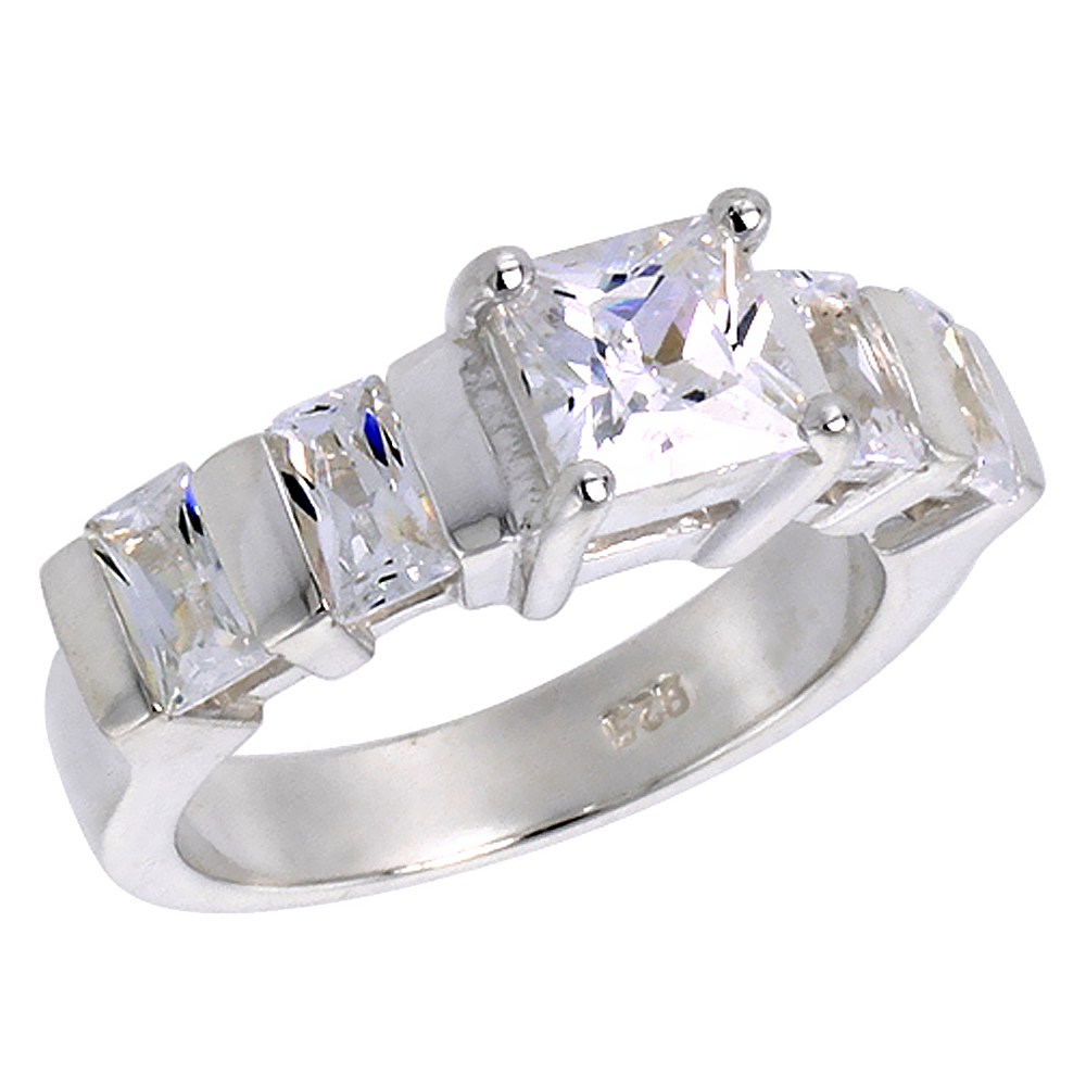Sterling Silver CZ 7X5mm Emerald Cut 5-stone Engagement Ring Women 1/4 inch wide sizes 6-10