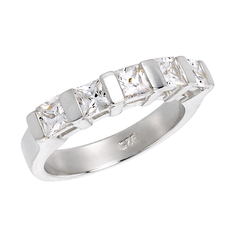 Sterling Silver CZ 3.5mm Princess Cut 5-stone Engagement Ring Women 1/8 inch wide sizes 6-10
