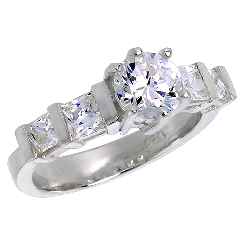 Sterling Silver CZ 8mm Brilliant Cut 5-stone Engagement Ring Women Square CZ Sides sizes 6-10