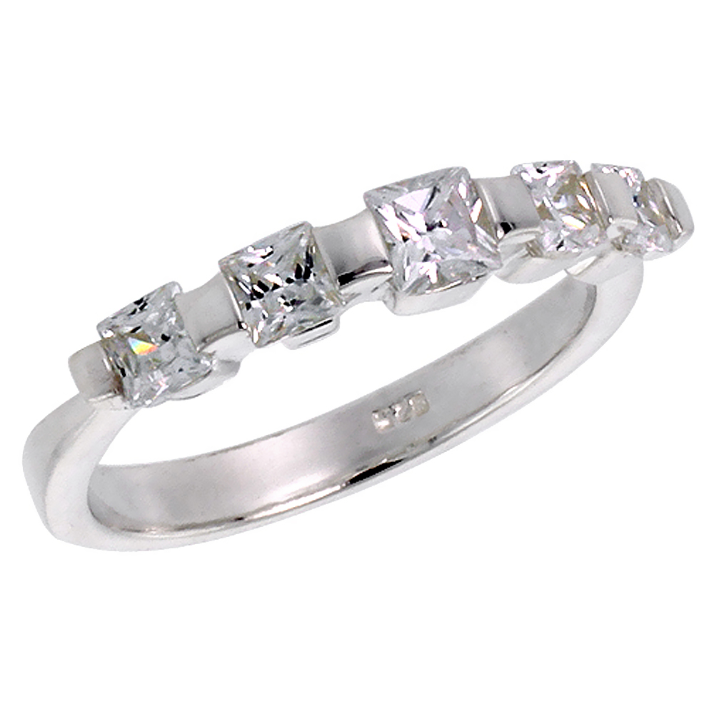 Sterling Silver CZ 3-3.5mm Princess Cut 5-stone Engagement Ring Women 1/8 inch wide sizes 6-10