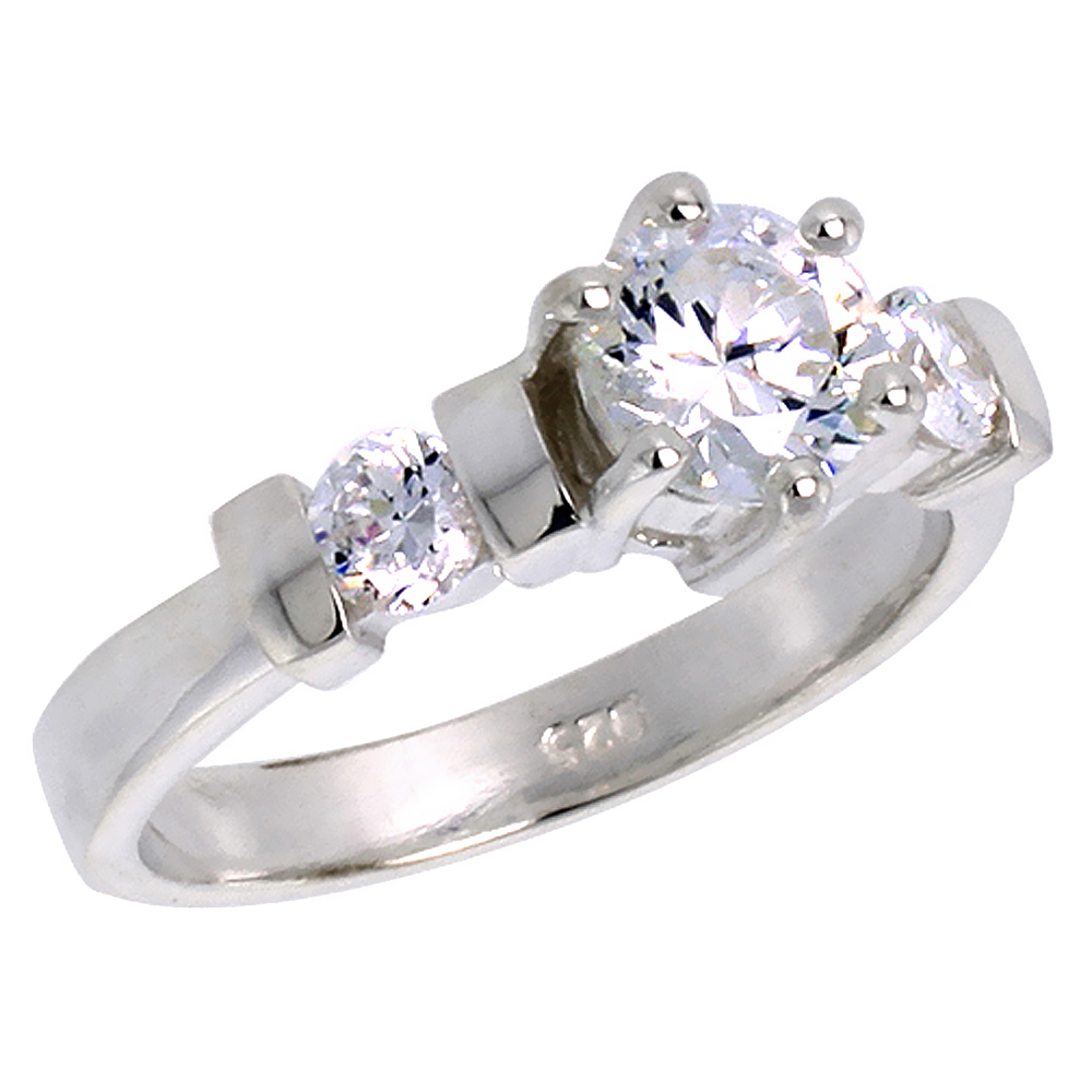 Sterling Silver CZ 7mm Brilliant Cut 3-stone Engagement Ring Women 1/4 inch wide sizes 6-10
