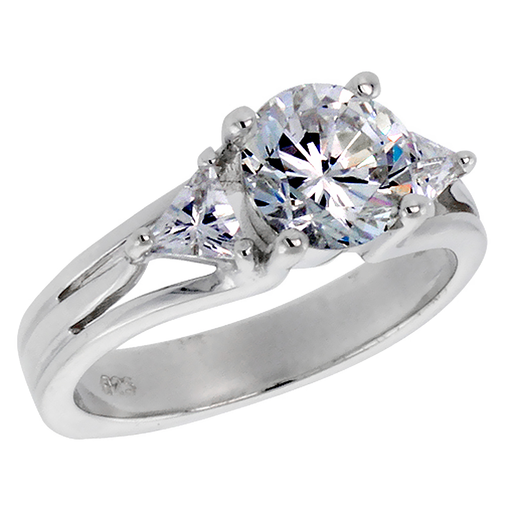 Sterling Silver Cubic Zirconia Engagement Engagement Ring Brilliant Cut Trillium Side stones sizes 6 - 10