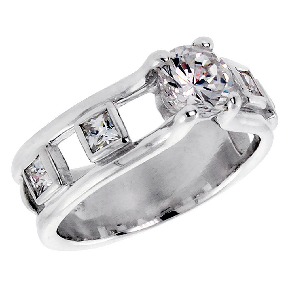 Sterling Silver Cubic Zirconia Engagement Ring Brilliant Cut & Square Stones sizes 6 - 10