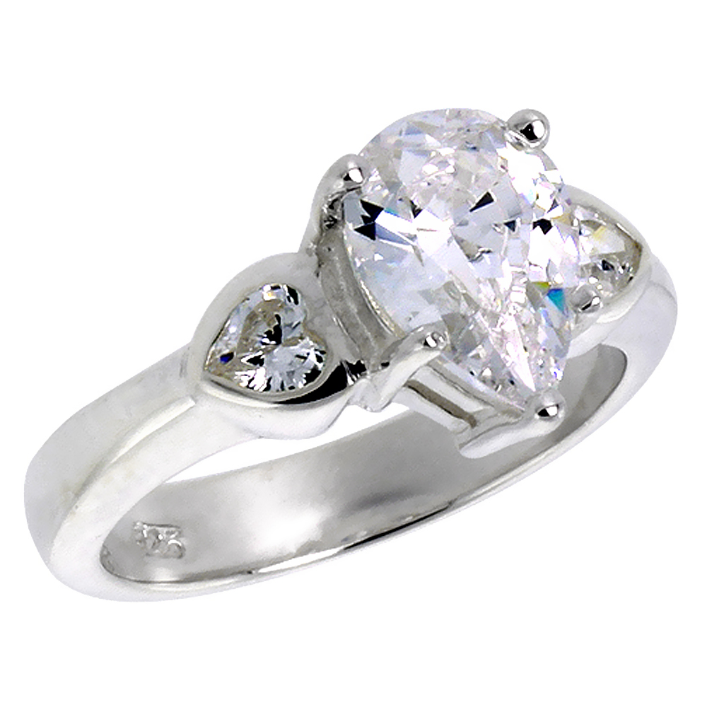 Sterling Silver Cubic Zirconia Tear Drop Engagement Ring Heart Side stones sizes 6 - 10