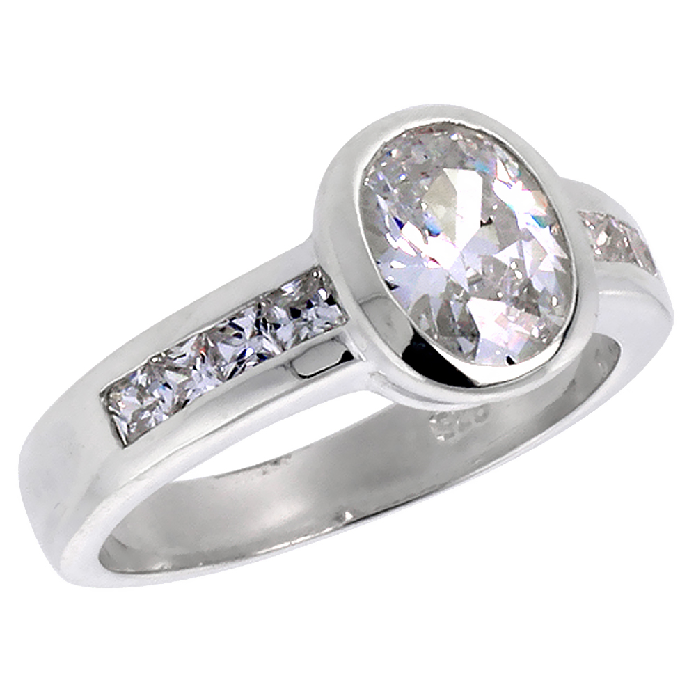 Sterling Silver Cubic Zirconia Oval Cut Ring Bezel set with Square stones sizes 6 - 10