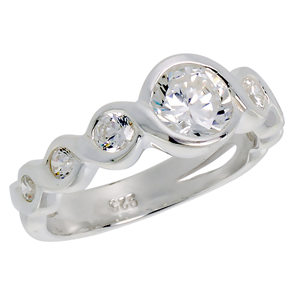 Sterling Silver Cubic Zirconia 7-stone Ring 1 ct Center Bezel set sizes 6 - 10