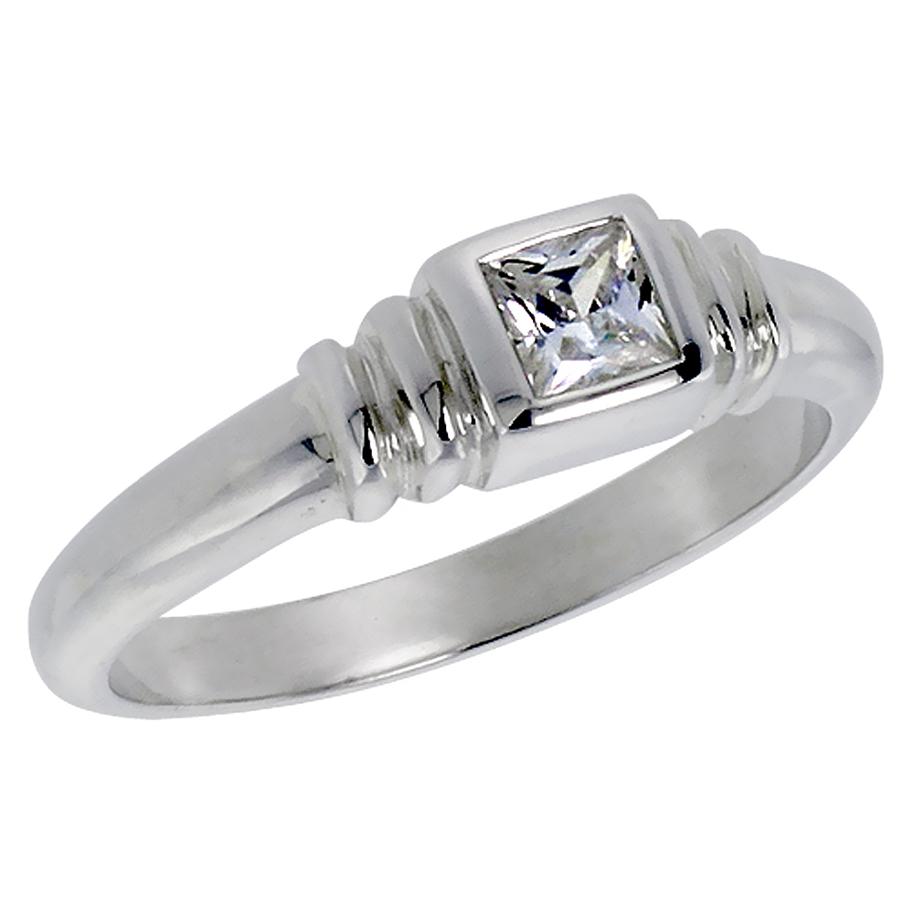 Sterling Silver Cubic Zirconia Solitaire Ring Bezel Set Princess Cut 1/3 ct sizes 6 - 10