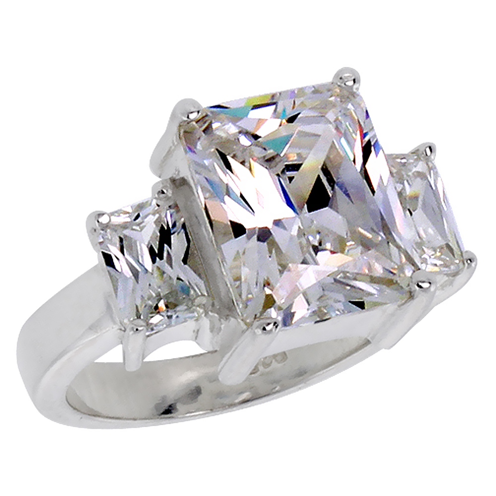 Sterling Silver Cubic Zirconia 3-Stone Engagement Ring 4 ct Emerald Cut center sizes 6 - 10