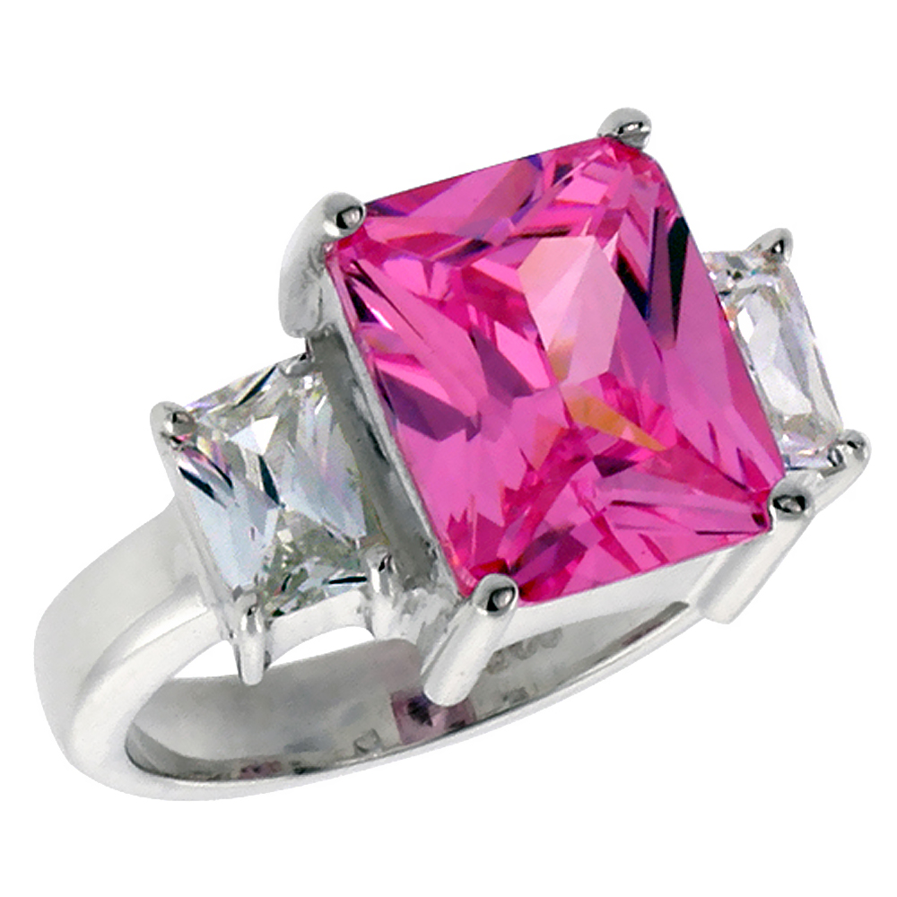 Sterling Silver Pink Cubic Zirconia 3-Stone Engagement Ring 4 ct Emerald Cut center sizes 6 - 10