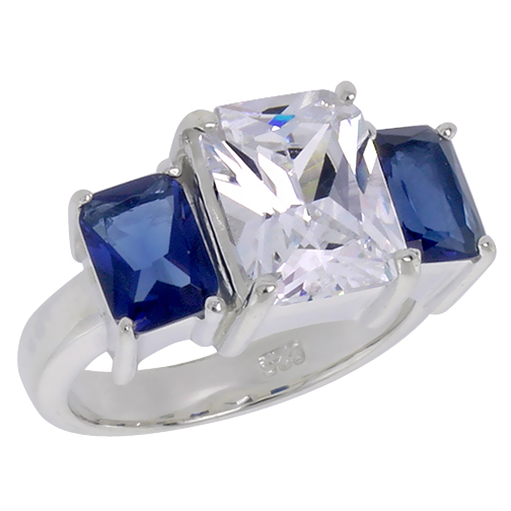 Sterling Silver Cubic Zirconia 3-Stone Ring Emerald Cut 3 ct center Sapphire color Side stones sizes 6 - 10