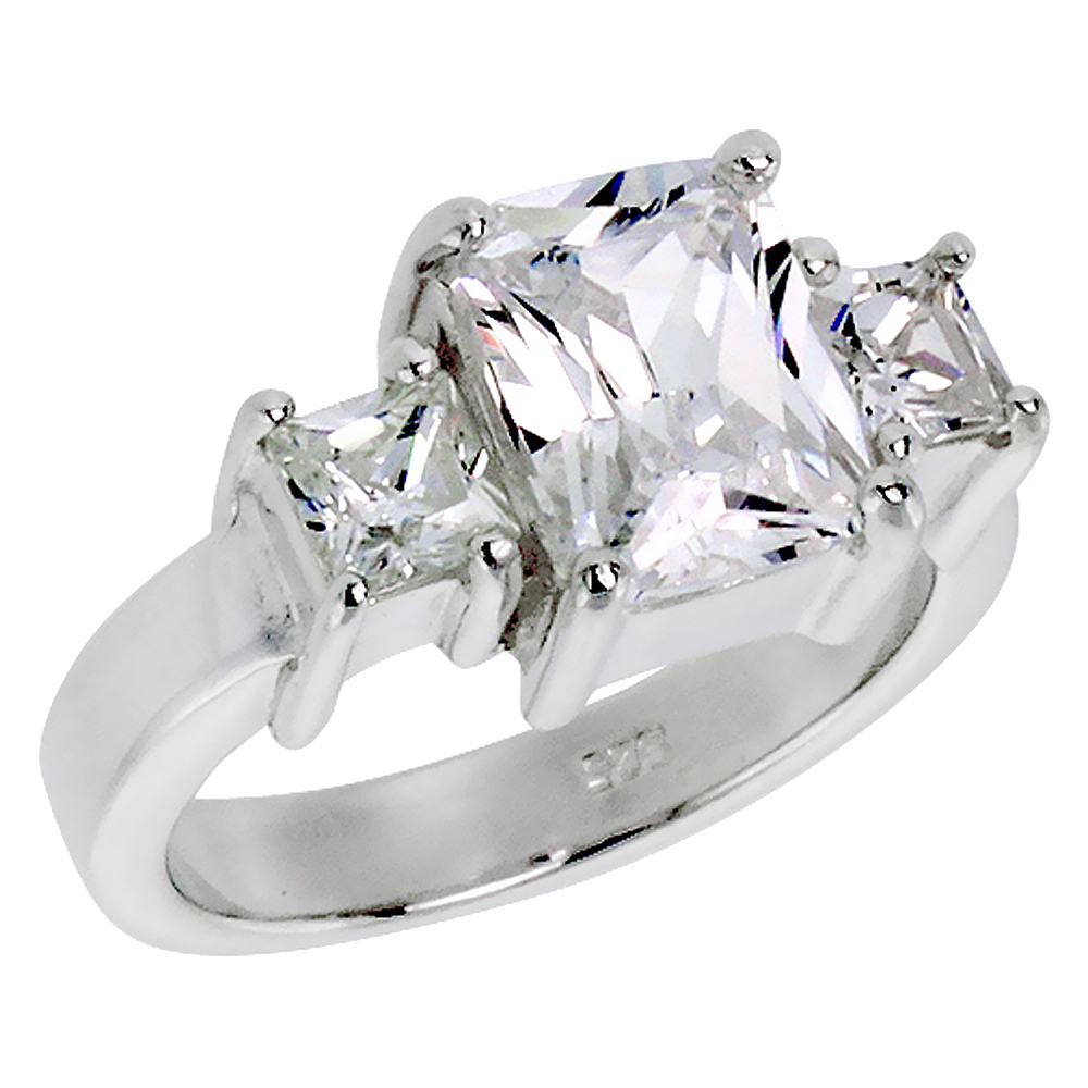 Sterling Silver Cubic Zirconia 3-Stone Ring Emerald Cut 2.5 ct center sizes 6 - 10