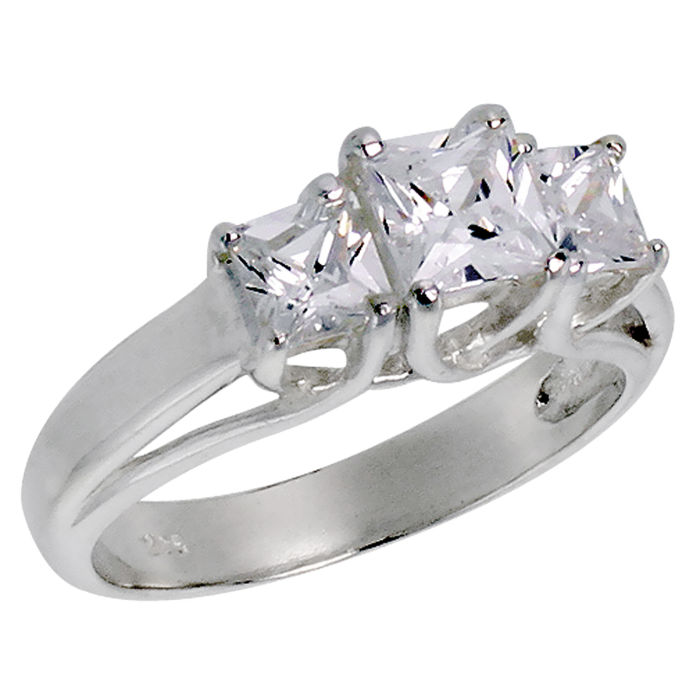Sterling Silver Cubic Zirconia Princess Cut 3-Stone Ring 3/4 ct center sizes 6 - 10