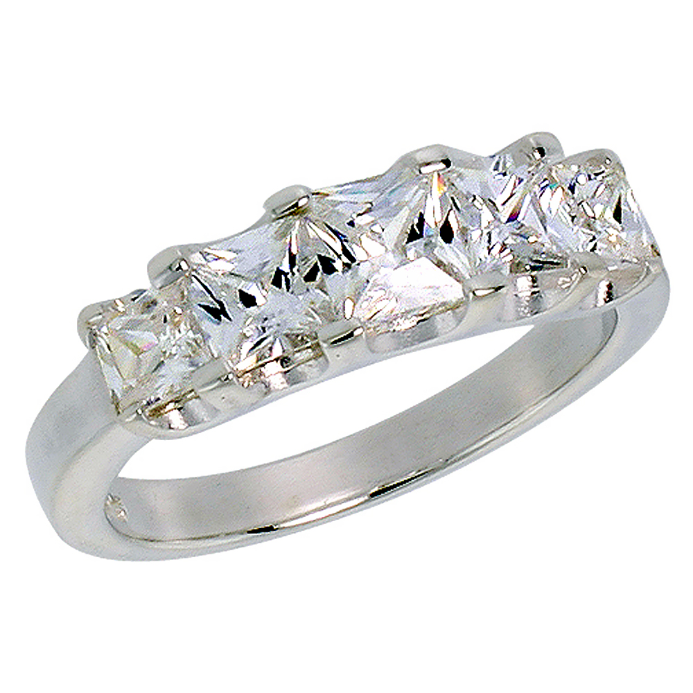 Sterling Silver Cubic Zirconia Princess Cut 5-Stone Band Ring 1/2 ct center sizes 6 - 10