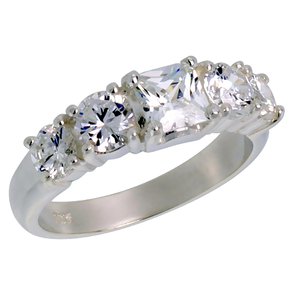 Sterling Silver Cubic Zirconia Princess Cut center 5-Stone Band Ring 3/4 ct center sizes 6 - 10