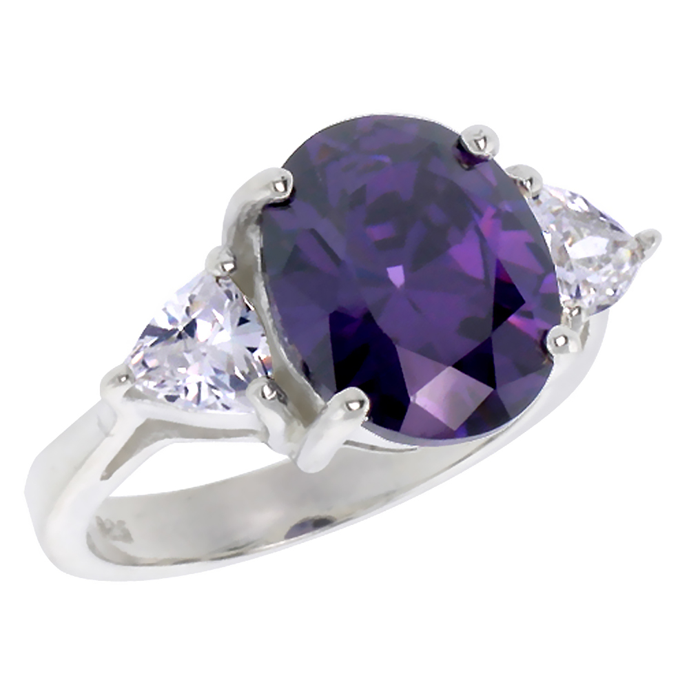 Sterling Silver Amethyst Cubic Zirconia Engagement Ring Oval 5 ct center Trillium Side stones sizes 6 - 10