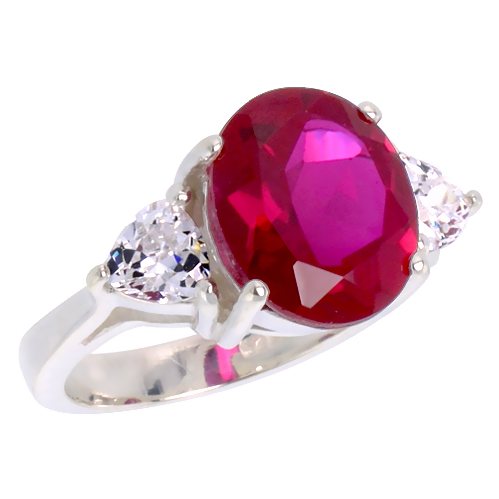Sterling Silver Ruby Cubic Zirconia Engagement Ring Oval 5 ct center Trillium Side stones sizes 6 - 10