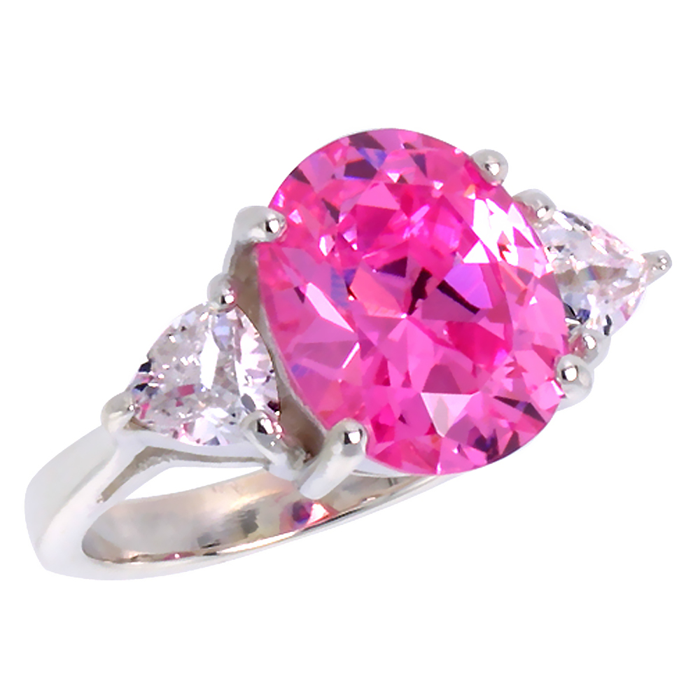Sterling Silver Pink Cubic Zirconia Engagement Ring Oval 5 ct center Trillium Side stones sizes 6 - 10