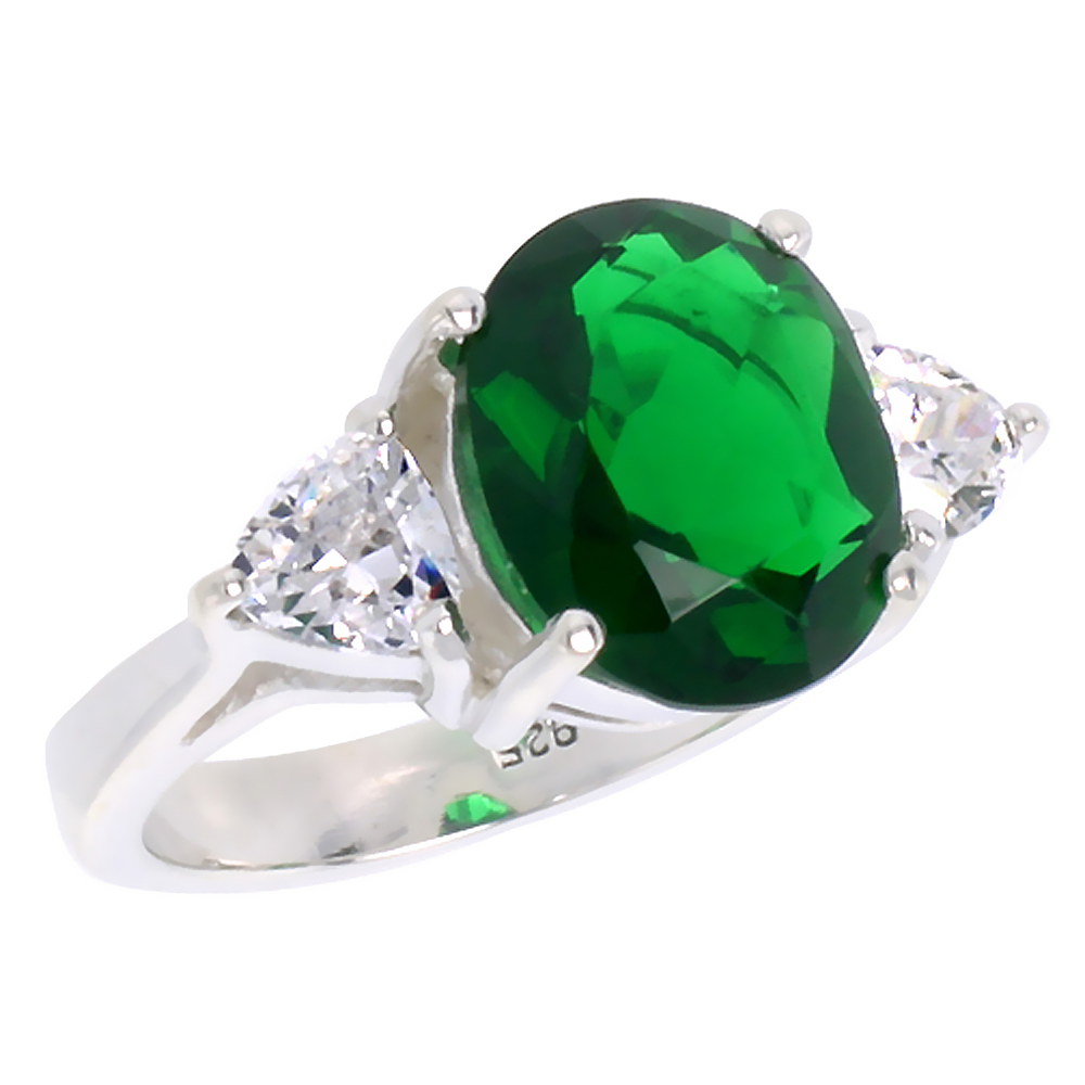 Sterling Silver Emerald Cubic Zirconia Engagement Ring 5 ct Oval center Trillium Side stones sizes 6 - 10