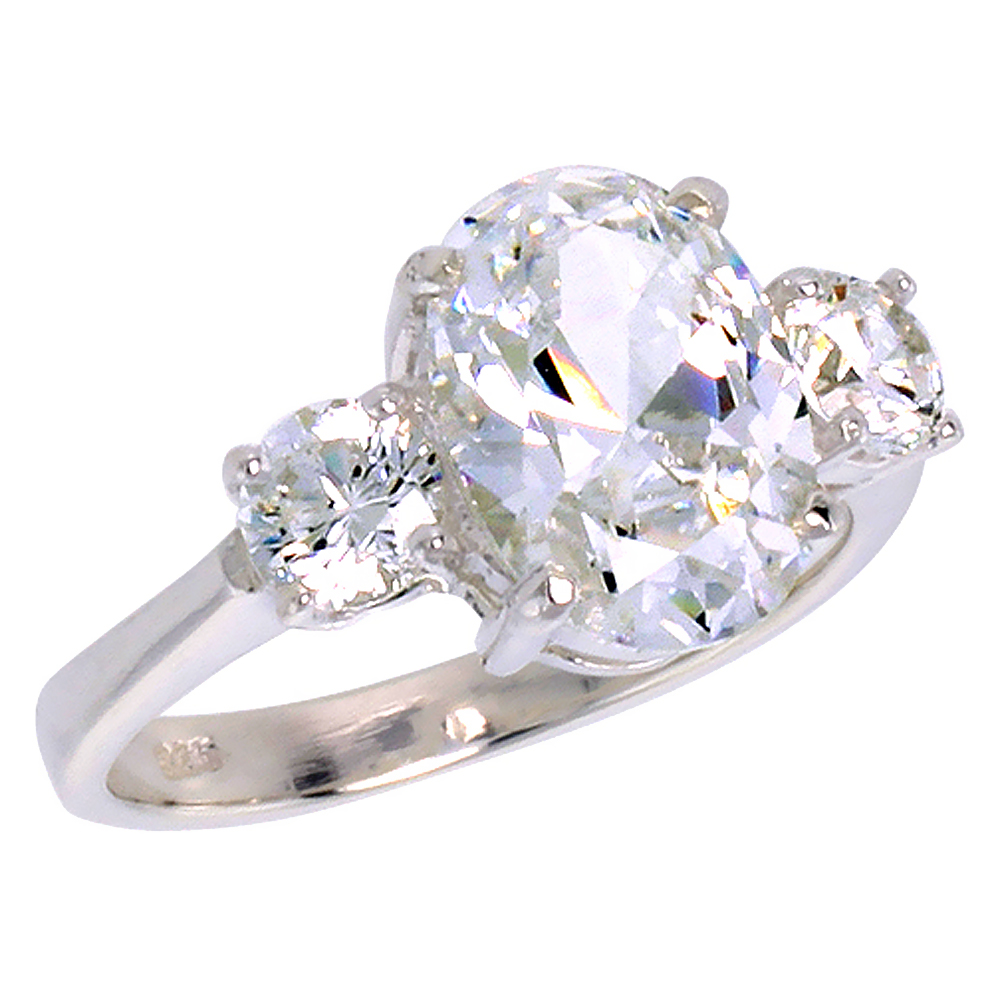 Sterling Silver Cubic Zirconia 3-Stone Engagement Ring 4 ct Oval shape Center sizes 6 - 10